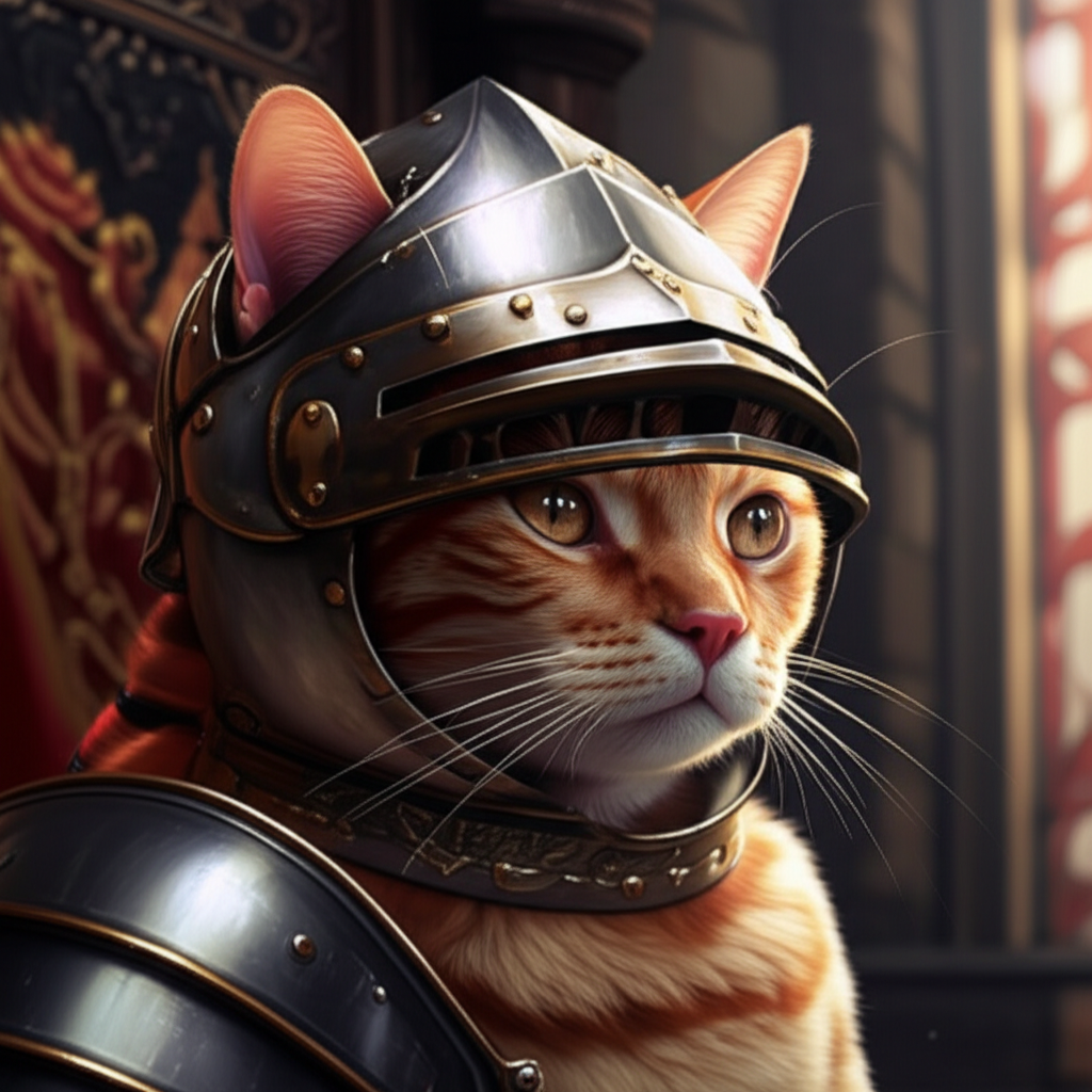 Photorealistic meme of a cat in a knight's helmet